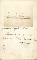 Jeanette, Myrtle & Will Rowing in Boat, Lake Maxinkuckee Union Township, IN Postcard Postcard