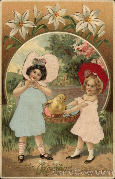 Easter Greetings - Two Girls in Large Bonnets Carrying Chick and Eggs ...