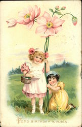 "Fond Birthday Wishes" - Two Young Girls with Large Pink Flowers Postcard Postcard