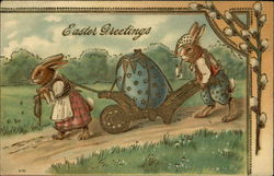 Easter Greetings - Clothed Bunnies moving Decorated Egg in Cart With Bunnies Postcard Postcard