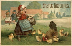 Dutch Girl With Eggs In Basket and Lots of Chicks With Children Postcard Postcard