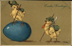 Easter Greetings - Two Chicks in Hiking Attire with Large Blue Egg Postcard