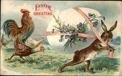 Easter Greeting - Rooseter and Hens Chasing Bunny Stealing Egg With Chicks Postcard Postcard