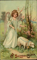 A Blessed Easter - Angel Holding Lilies and Walking Lamb Postcard