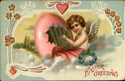 Easter Greetings - Angel Sitting on Cloud with Egg Shell, Hearts and Flowers Postcard