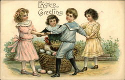 Easter Greeting - Children Dancing Around Hen and Eggs With Children Postcard Postcard