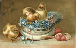 Easter Greetings - Three Chicks, Blue Flowers, Cap, Racquet and Balls With Chicks Postcard Postcard