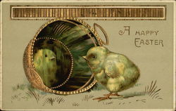 A Happy Easter - Chick looking at Reflection in Gold Bucket Postcard