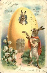 A Happy Easter - Bunny Playing Stringed Instrument in Seranade to Another Postcard