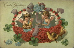 Easter Greetings - Two Cherubs, Flower Basket, Clover, and Baby Chicks With Angels Postcard Postcard