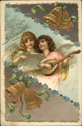 Easter Greetings - Angels with Lyre, Gold Bells Postcard