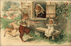 Easter Greetings with Three Clothed Bunnies and a Chick Postcard