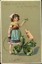 "Good Luck to you on St Patrick's Day" - Peasant Girl, Shamrock, and Pig Postcard