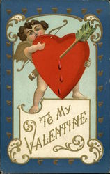 To My Valentine with Cupid Holding Heart Shot with Arrow Postcard