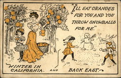 Winter in California and Back East, I'll Eat Oranges for you and You Throw Snowballs for Me Postcard