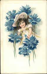 Little Girl in Big Bonnet Surrounded by Large Blue Flowers Postcard