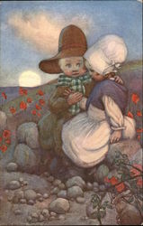 Boy and Girl in Poppy Fields Children Postcard Postcard