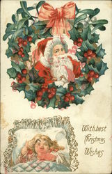 With Best Christmas Wishes - Santa, Holly Wreath, and Sleeping Child Children Postcard Postcard