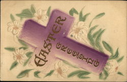 Easter Greeting - Purple Cross among White Lilies - Embossed Postcard