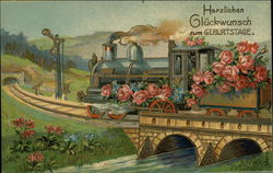 "Congratulations on Your Birthday" - Train Decorated with Pink Flowers Postcard Postcard