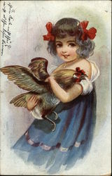 Girl with red hair ribbons and blue dress holding rooster Postcard