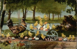 Happy Easter - Hen with Eggs and Chicks in Wheel Barrow Postcard