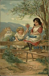 Two Girls Gathering Flowers At Fence Postcard