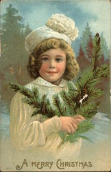 A Merry ChristmasGirl in White Hat holding pine branch Postcard