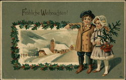 Merry Christmas with Boy and Girl holding Tree, Snow Scene Framed in Holly Children Postcard Postcard