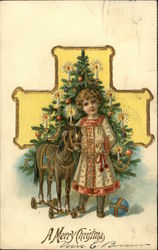 A Merry Christmas - Child, Decorated Tree, and Toys Postcard