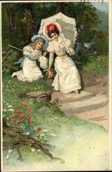 Mother and Daughter Catching Butterflies Girls Postcard Postcard