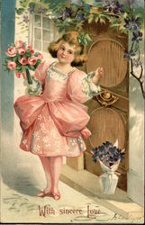 "With Sincere Love" - Girl Dressed in Pink holding Flowers, Knocking at Door Postcard