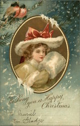 Woman with white fur muff and hat with red ribbon Postcard