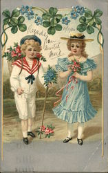 Little Girl In Blue Ruffled Dress With Little Boy in White Sailor Suit Children Postcard Postcard