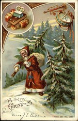 A Merry Christmas - Santa Carrying Sack and Tree in the Snow Santa Claus Postcard Postcard