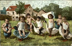 Children Riding on Ducks and Geese Postcard