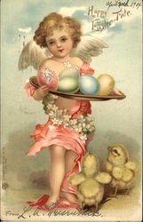 "Happy Easter-Tide" - Cherub Holding Colorful Eggs, Baby Chicks at Feet Postcard