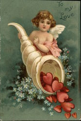 "To My Love" - Cherub with Horn of Hearts Postcard Postcard