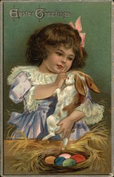 Easter Greetings - Little Girl in Blue Holding Bunny With Bunnies Postcard Postcard