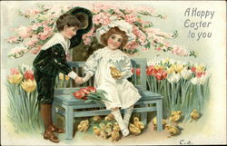 A Happy Easter to You - Boy and Girl on Bench among Flowers and Baby Chicks With Children Postcard Postcard