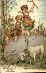 A Joyful Easter - Children with Flowers and Ribbons Playing near Lamb With Lambs Postcard Postcard