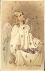 With Every Easter Blessing - Angel Catching Violet Blooms With Angels Postcard Postcard