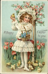 A Happy Easter to You - Young Girl Holding Chick and Flower Basket With Children Postcard Postcard