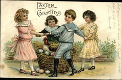 Easter Greeting - Children Dancing Around Hen and Eggs With Children Postcard Postcard