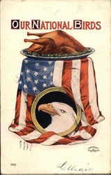 "Our National Birds" - Cooked Turkey, American Flag, and Eagle Patriotic Postcard Postcard