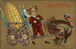 Thanksgiving Greetings with Boy leading Turkey towing Corn in Cart Turkeys Postcard Postcard