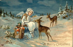 A Merry Christmas - Snow Angel with Toys and Two Deer Angels Postcard Postcard