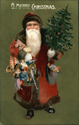 A Merry Christmas - Santa carrying Toys and Decorated Tree Postcard Postcard