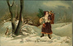 A Merry Christmas - Santa with Toys and Tree in the Snow Santa Claus Postcard Postcard