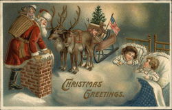 Christmas Greetings - Santa Climbing Down Chimney, Reindeer, Sleeping Children Santa Claus Postcard Postcard